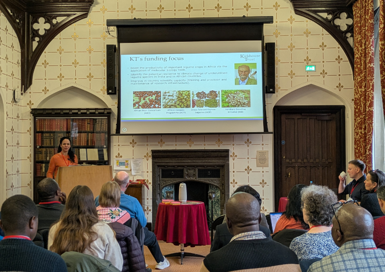 Claudia Canales Holzeis presents on behalf of the Kirkhouse Trust, UK-CGIAR Bambara groundnut consortium meeting February 2026. Credit: Aga Alexander / Crop Science Centre, Cambridge.