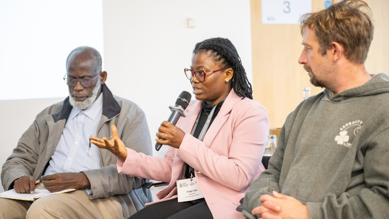 Dr. Pearl Abu speaks at the Breeders Panel at the International Partnerships Event held in Cambridge in 2025.